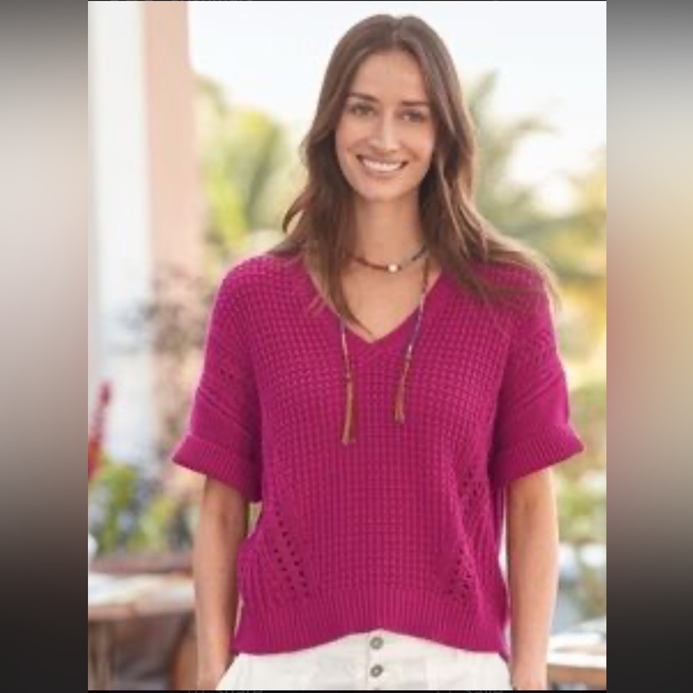 *Sundance My Everyday Sangria Fuchsia Women's Short Sleeve Chunky Knit Sweater